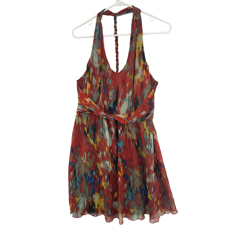 American Rag Halter Dress Womens Large Grey Combo NWT Abstract Mini Smocked Back